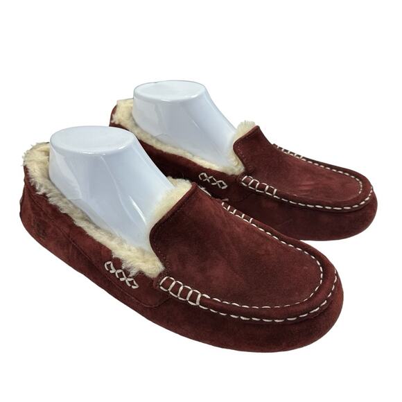 UGG Ansley Moccasin Slippers Womens 10 Mahogany Sheepskin Leather Comfy Loafers - Picture 2 of 11